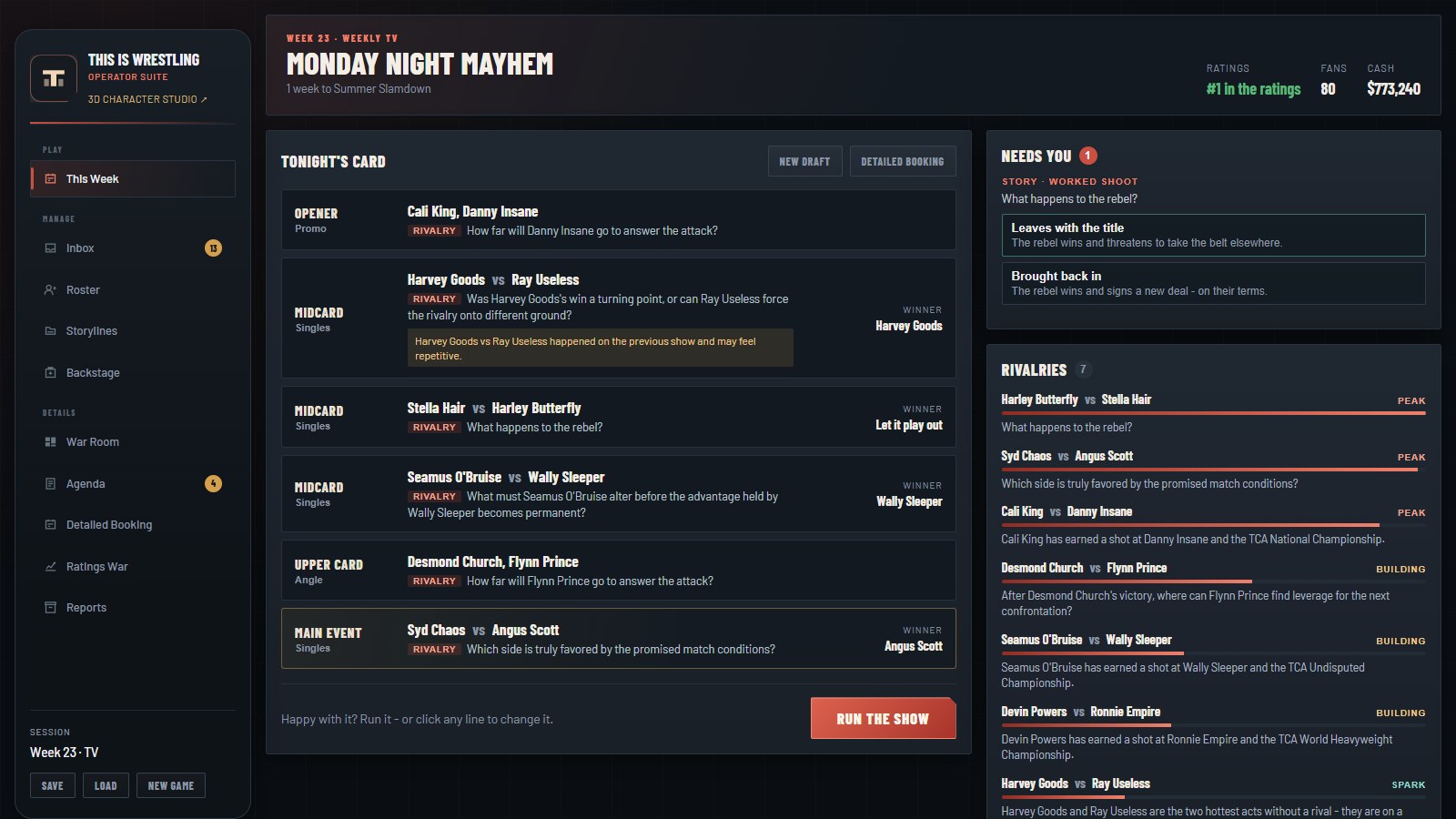 The weekly booking screen: tonight's card, rivalries and a story decision waiting for the player